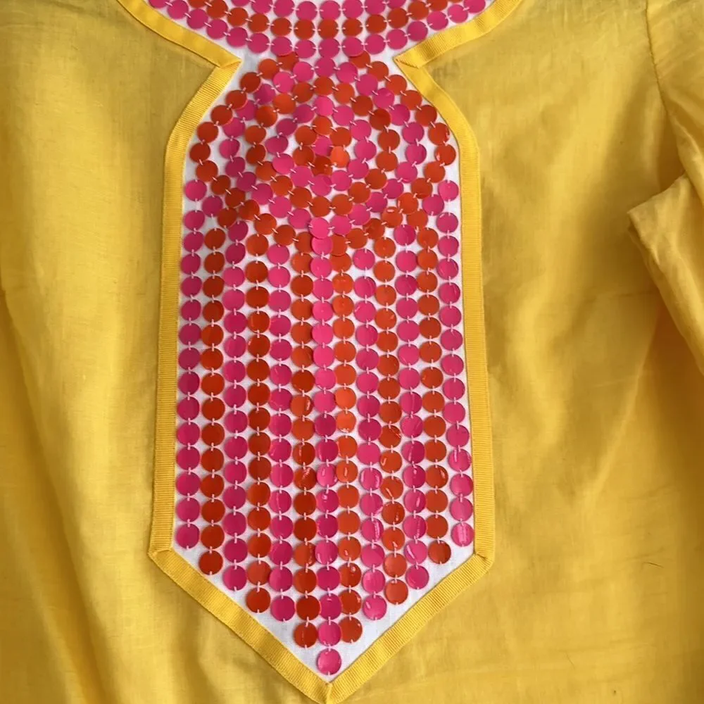 Tory Burch Yellow Embellished Tunic Top Sequin Neck Cotton Size 4
